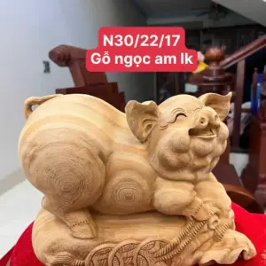 Tượng Heo Gỗ Ngọc Am Liền Khối Mộc Đẹp Cao 22cm