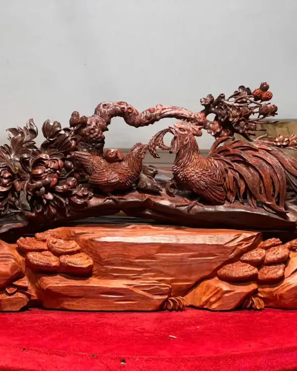 Tượng Gia Đình Gà Gỗ Tử Đàn Ấn Cao 25cm
