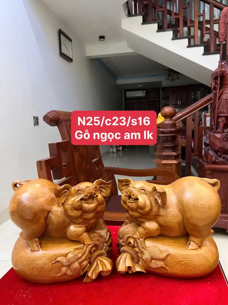 Tượng Cặp Heo Gỗ Ngọc Am Liền Khối G5005