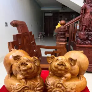 Tượng Cặp Heo Gỗ Ngọc Am Liền Khối G5005