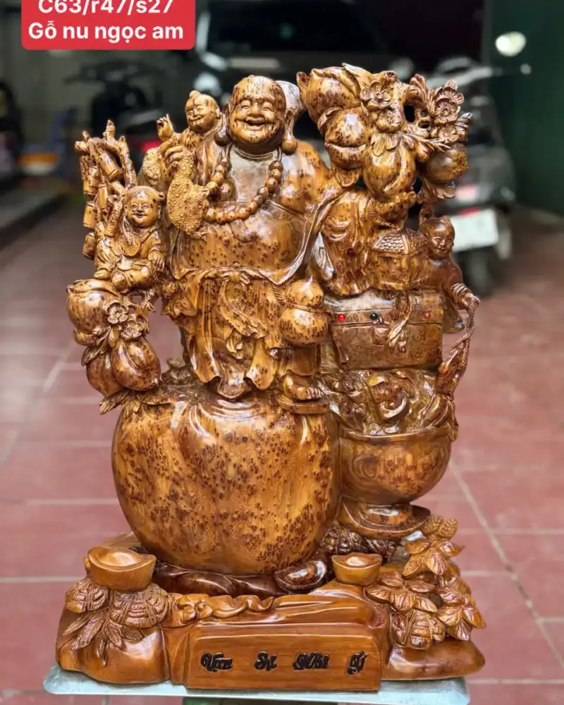 cu-di-lac-tam-phuc-go-nu-ngoc-G5397-1 Tượng Cụ Di Lặc Tam Phúc Gỗ Nu Ngọc Am Làm Thủ Công Đẹp Liền Khối G5397
