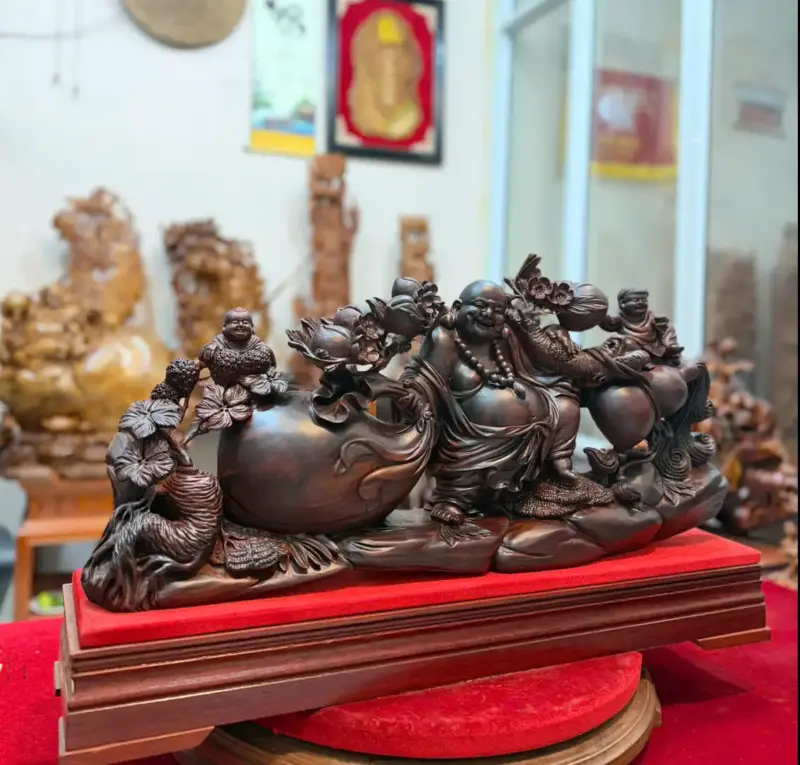 Tượng Di Lặc Kéo Bao Tiền Gỗ Trắc Đỏ Đen Hàng Liền Kỹ Đẹp G5292
