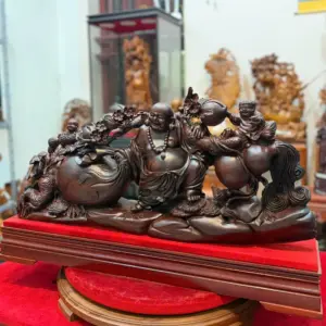 Tượng Di Lặc Kéo Bao Tiền Gỗ Trắc Đỏ Đen Hàng Liền Kỹ Đẹp G5292