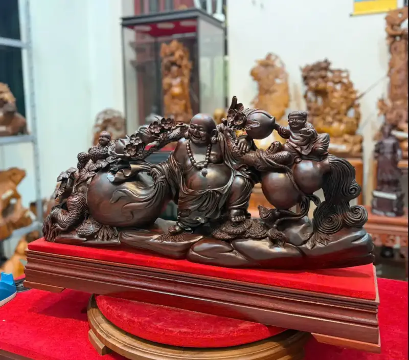 Tượng Di Lặc Kéo Bao Tiền Gỗ Trắc Đỏ Đen Hàng Liền Kỹ Đẹp G5292
