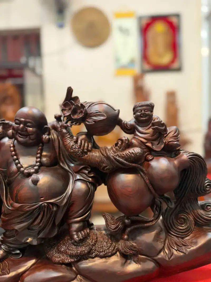 Tượng Di Lặc Kéo Bao Tiền Gỗ Trắc Đỏ Đen Hàng Liền Kỹ Đẹp G5292
