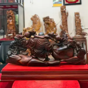 Tượng Di Lặc Kéo Bao Tiền Gỗ Trắc Đỏ Đen Hàng Liền Kỹ Đẹp G5292