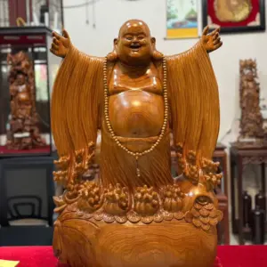 Tượng Di Lặc Nghênh Hỷ Tứ Phương Gỗ Ngọc Am Thơm Hàng Đục Tay Liền Khối G5294