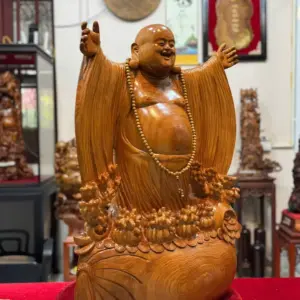 Tượng Di Lặc Nghênh Hỷ Tứ Phương Gỗ Ngọc Am Thơm Hàng Đục Tay Liền Khối G5294
