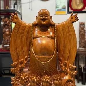 Tượng Di Lặc Nghênh Hỷ Tứ Phương Gỗ Ngọc Am Thơm Hàng Đục Tay Liền Khối G5294