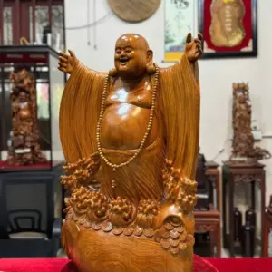 Tượng Di Lặc Nghênh Hỷ Tứ Phương Gỗ Ngọc Am Thơm Hàng Đục Tay Liền Khối G5294