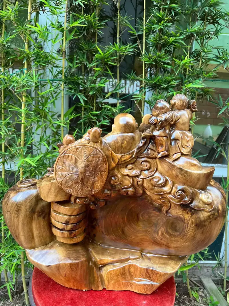 Tượng Di Lặc Ngồi Bao Tiền Ngũ Phúc Gỗ Nu Ngọc Am Dầy Kín Nu To Nặng Liền Khối G5302