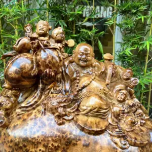 Tượng Di Lặc Ngồi Bao Tiền Ngũ Phúc Gỗ Nu Ngọc Am Dầy Kín Nu To Nặng Liền Khối G5302