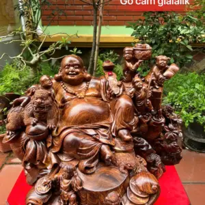 Tượng Di Lặc Ngũ Phúc Ngồi Để Bàn Gỗ Cẩm Gia Lai Siêu Vân To Nặng Liền Khối G5299