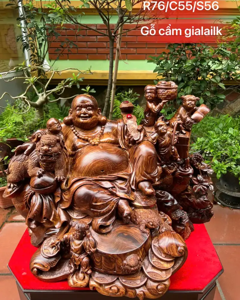 Tượng Di Lặc Ngũ Phúc Ngồi Để Bàn Gỗ Cẩm Gia Lai Siêu Vân To Nặng Liền Khối G5299