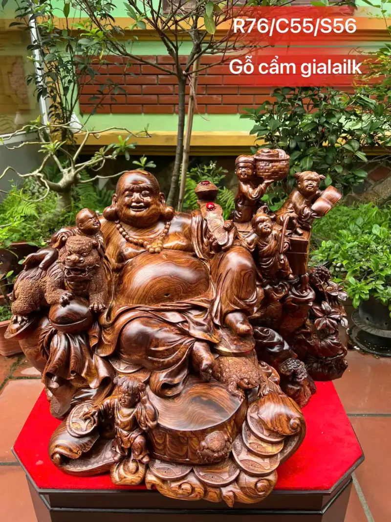 Tượng Di Lặc Ngũ Phúc Ngồi Để Bàn Gỗ Cẩm Gia Lai Siêu Vân To Nặng Liền Khối G5299