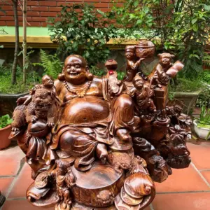 Tượng Di Lặc Ngũ Phúc Ngồi Để Bàn Gỗ Cẩm Gia Lai Siêu Vân To Nặng Liền Khối G5299