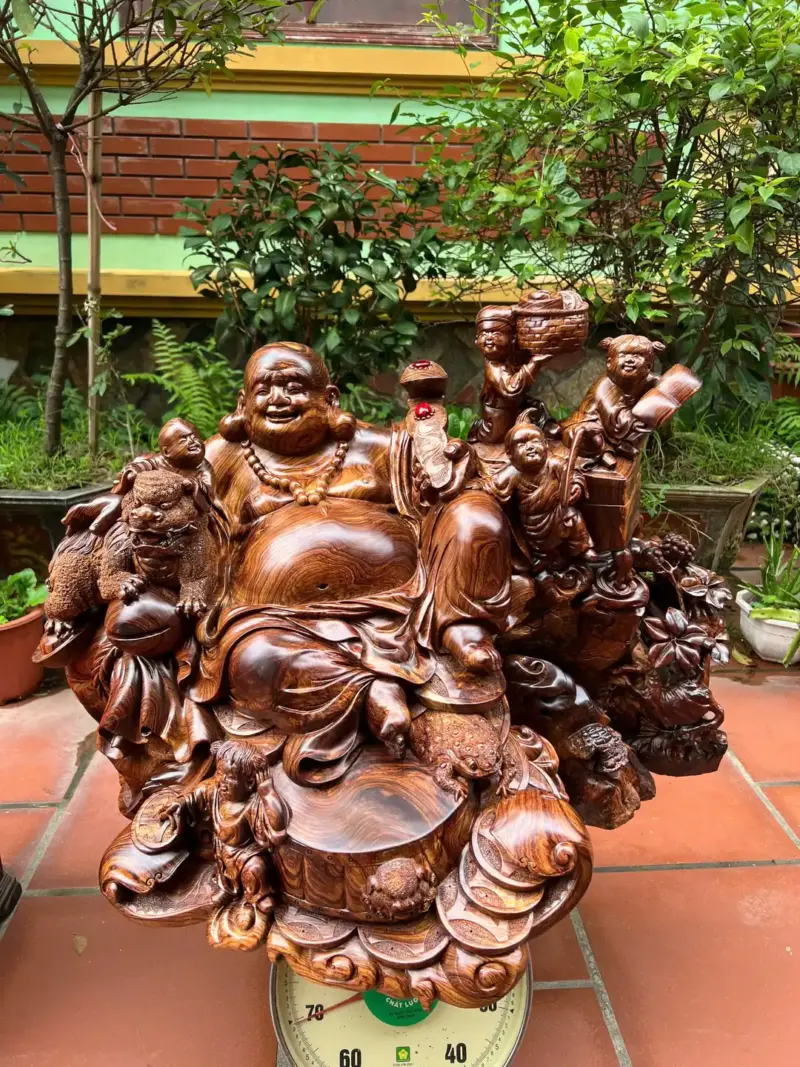 Tượng Di Lặc Ngũ Phúc Ngồi Để Bàn Gỗ Cẩm Gia Lai Siêu Vân To Nặng Liền Khối G5299