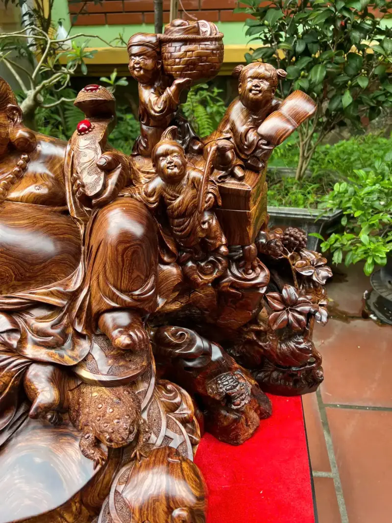 Tượng Di Lặc Ngũ Phúc Ngồi Để Bàn Gỗ Cẩm Gia Lai Siêu Vân To Nặng Liền Khối G5299