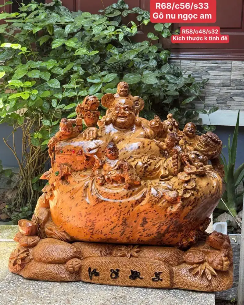 Tượng Di Lặc Ngũ Phúc Gỗ Nu Ngọc Am Liền Khối Hàng Kỹ Nét Đẹp G5297