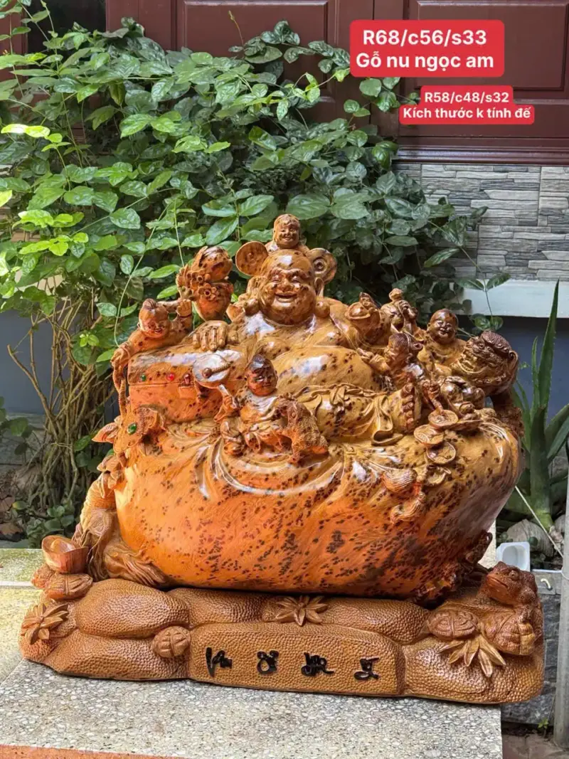 Tượng Di Lặc Ngũ Phúc Gỗ Nu Ngọc Am Liền Khối Hàng Kỹ Nét Đẹp G5297