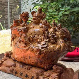 Tượng Di Lặc Ngũ Phúc Gỗ Nu Ngọc Am Liền Khối Hàng Kỹ Nét Đẹp G5297