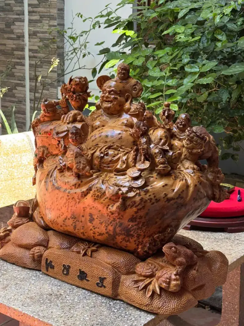 Tượng Di Lặc Ngũ Phúc Gỗ Nu Ngọc Am Liền Khối Hàng Kỹ Nét Đẹp G5297