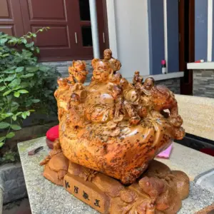 Tượng Di Lặc Ngũ Phúc Gỗ Nu Ngọc Am Liền Khối Hàng Kỹ Nét Đẹp G5297