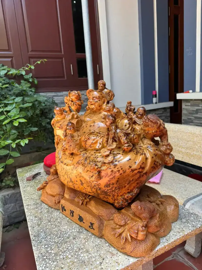 Tượng Di Lặc Ngũ Phúc Gỗ Nu Ngọc Am Liền Khối Hàng Kỹ Nét Đẹp G5297