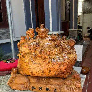 Tượng Di Lặc Ngũ Phúc Gỗ Nu Ngọc Am Liền Khối Hàng Kỹ Nét Đẹp G5297