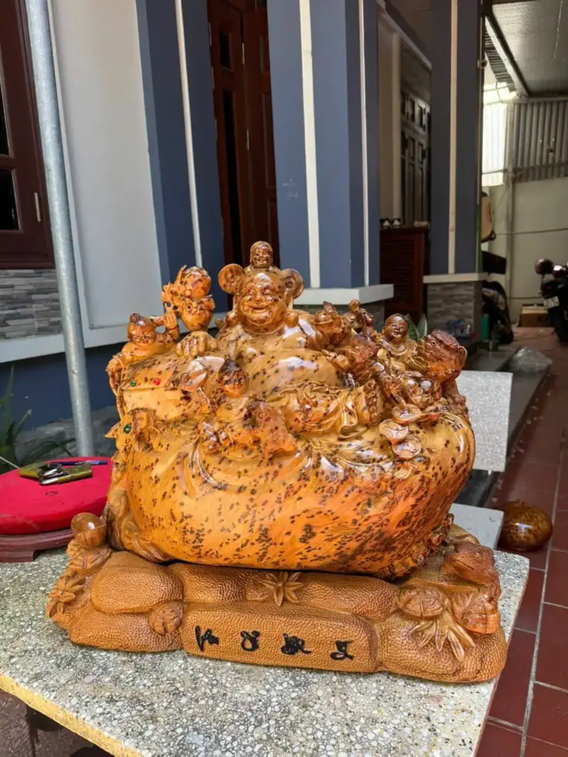 Tượng Di Lặc Ngũ Phúc Gỗ Nu Ngọc Am Liền Khối Hàng Kỹ Nét Đẹp G5297