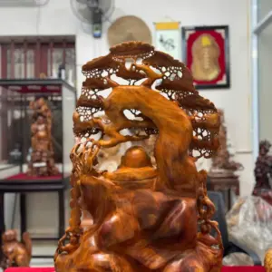 Tượng Di Lặc Ngũ Phúc Ngồi Gốc Tùng Gỗ Hương Ta Liền Khối G5298