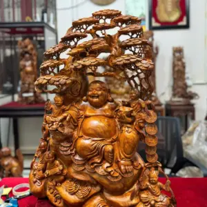 Tượng Di Lặc Ngũ Phúc Ngồi Gốc Tùng Gỗ Hương Ta Liền Khối G5298