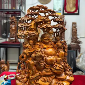 Tượng Di Lặc Ngũ Phúc Ngồi Gốc Tùng Gỗ Hương Ta Liền Khối G5298