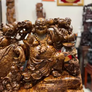 Tượng Di Lặc Ngũ Phúc Thuần Nghê Kéo Bao Tiền Gỗ Nu Ngọc Am Chất Vip Đẹp Liền Khối G5301