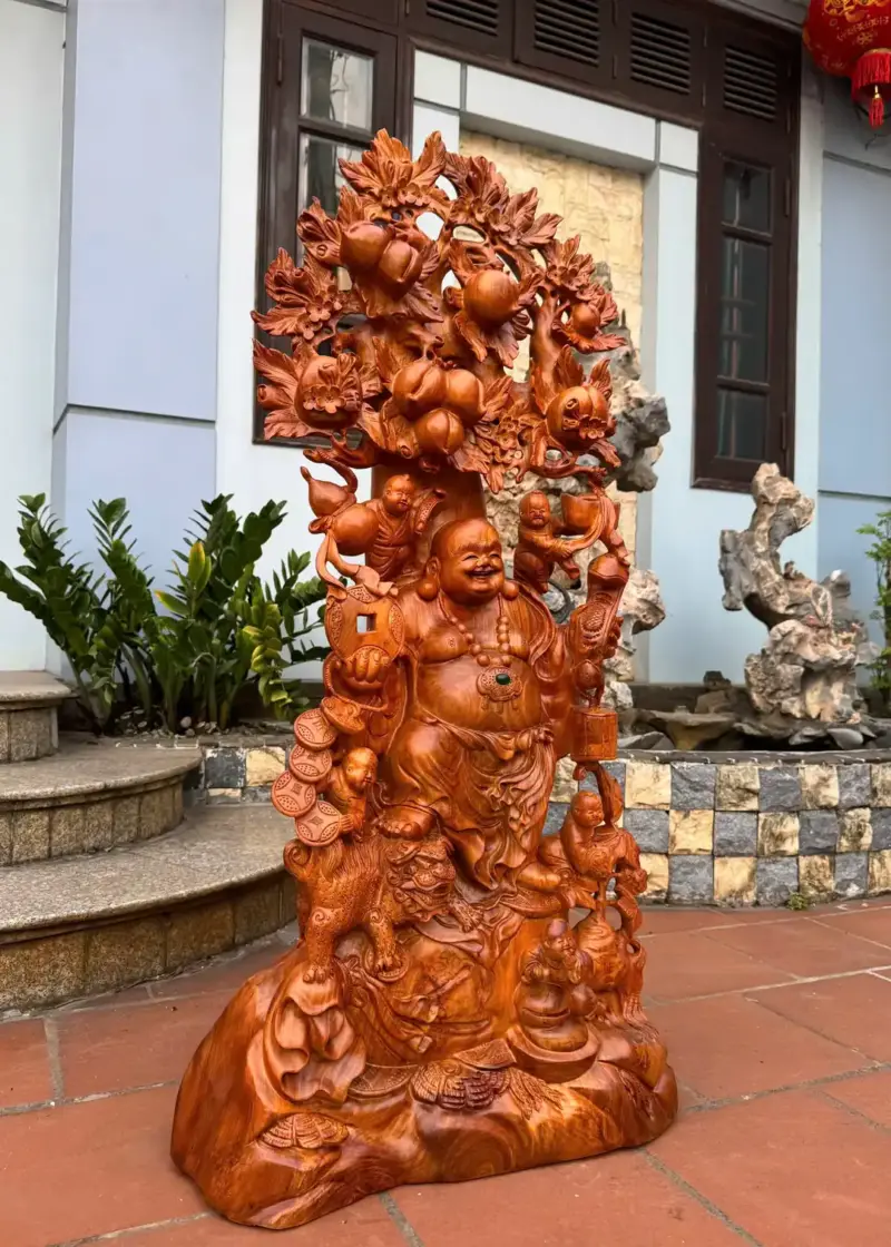 di-lac-ngu-phuc-thuan-nghe-ung_208fb4a8 Tượng Di Lặc Ngũ Phúc Thuần Nghê Đứng Gốc Đào Gỗ Hương Ta Liền Khối G5398