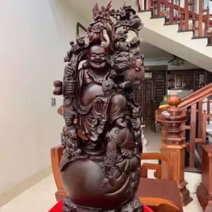 Tượng Di Lặc Ngũ Quỷ Vác Đào Gỗ Tử Đàn Liền Khối Hàng Kỹ Nét G5114