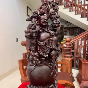 Tượng Di Lặc Ngũ Quỷ Vác Đào Gỗ Tử Đàn Liền Khối Hàng Kỹ Nét G5114