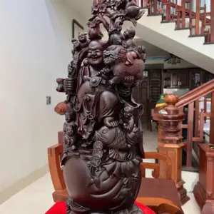 Tượng Di Lặc Ngũ Quỷ Vác Đào Gỗ Tử Đàn Liền Khối Hàng Kỹ Nét G5114