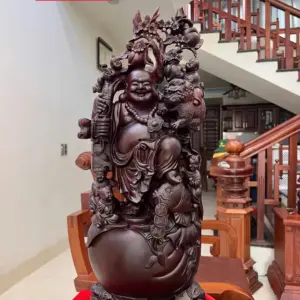 Tượng Di Lặc Ngũ Quỷ Vác Đào Gỗ Tử Đàn Liền Khối G5132