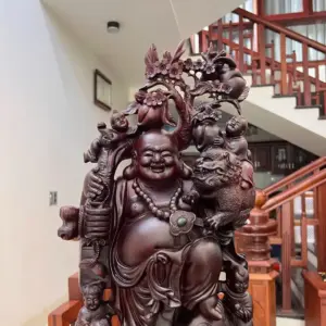 Tượng Di Lặc Ngũ Quỷ Vác Đào Gỗ Tử Đàn Liền Khối G5132