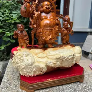 Tượng Di Lặc Nhị Phúc Gỗ Nu Hương Liền Khối Hàng Kỹ Nét Siêu Đẹp G5305