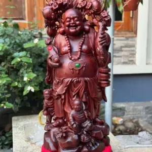 Tượng Di Lặc Nhị Phúc Quẩy Đào Gỗ Vương Mộc Tử Đàn Liền Khối Hàng Kỹ Đẹp G5306