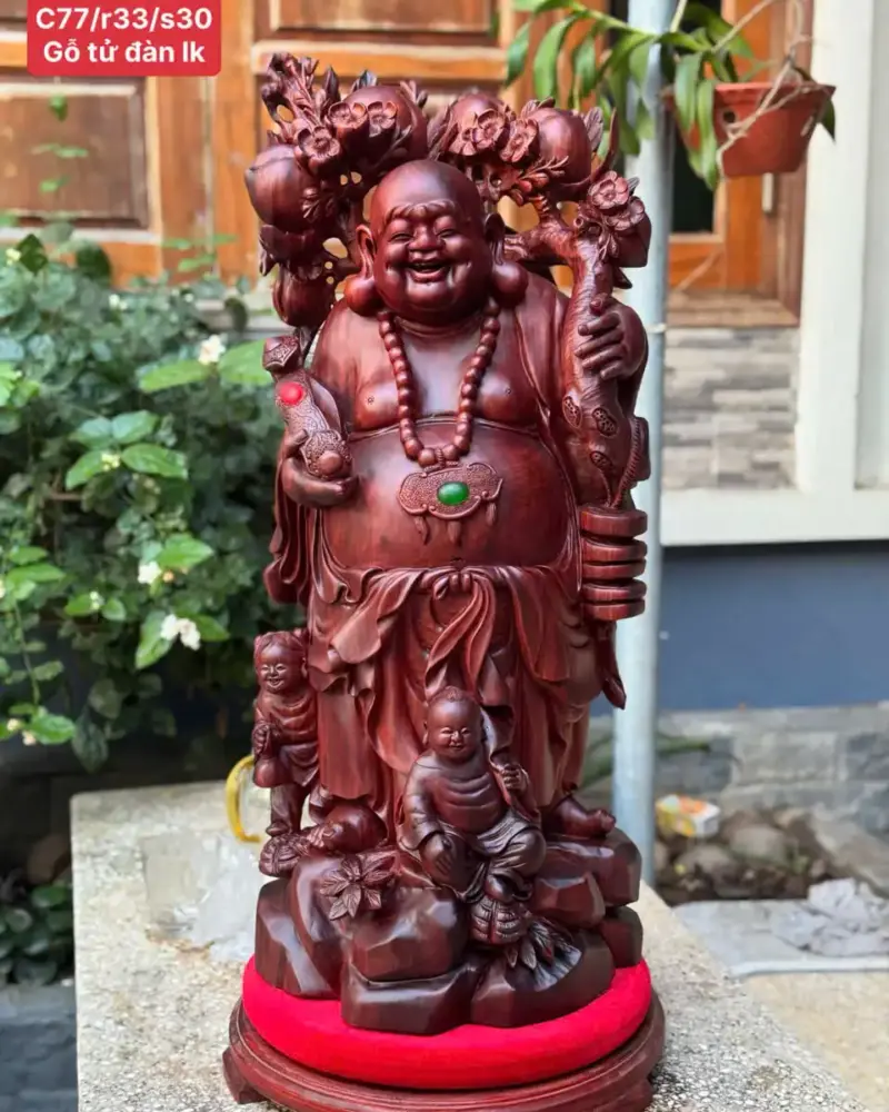 Tượng Di Lặc Nhị Phúc Quẩy Đào Gỗ Vương Mộc Tử Đàn Liền Khối Hàng Kỹ Đẹp G5306