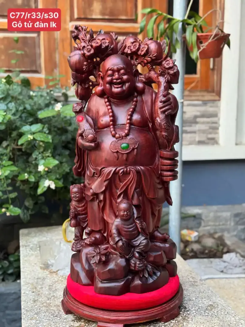 Tượng Di Lặc Nhị Phúc Quẩy Đào Gỗ Vương Mộc Tử Đàn Liền Khối Hàng Kỹ Đẹp G5306
