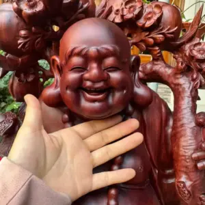 Tượng Di Lặc Nhị Phúc Quẩy Đào Gỗ Vương Mộc Tử Đàn Liền Khối Hàng Kỹ Đẹp G5306