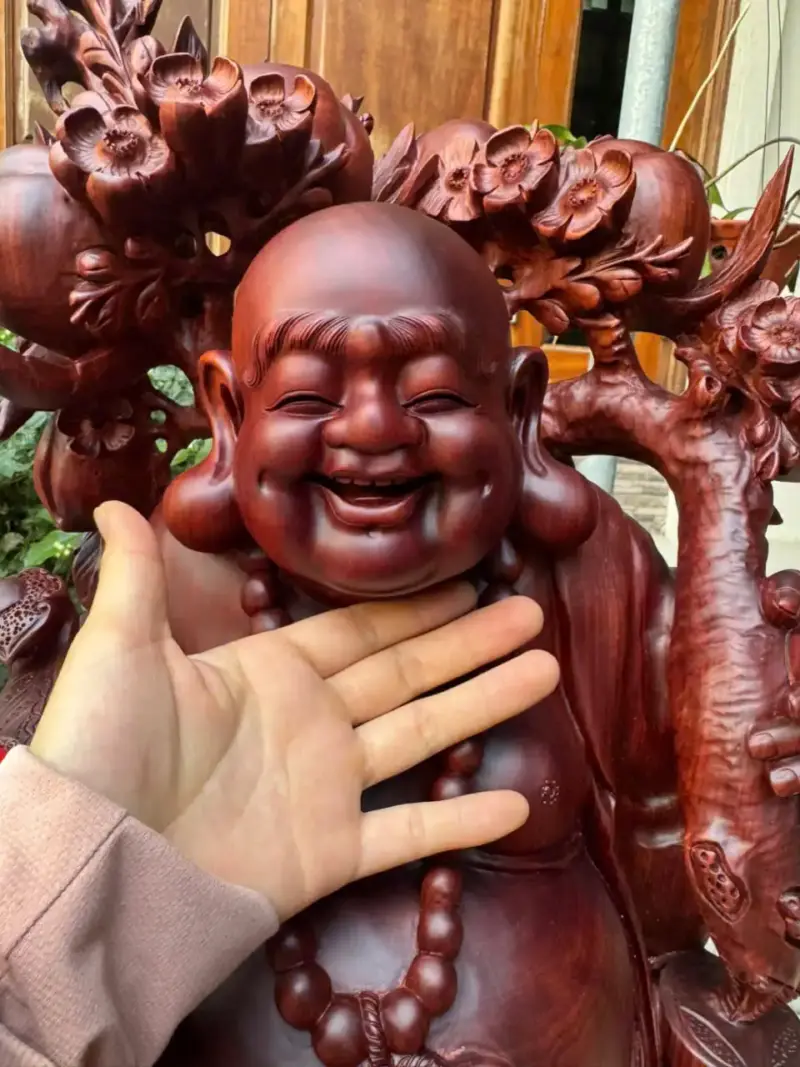 Tượng Di Lặc Nhị Phúc Quẩy Đào Gỗ Vương Mộc Tử Đàn Liền Khối Hàng Kỹ Đẹp G5306
