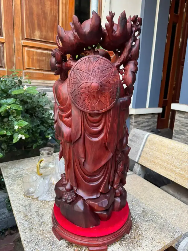 Tượng Di Lặc Nhị Phúc Quẩy Đào Gỗ Vương Mộc Tử Đàn Liền Khối Hàng Kỹ Đẹp G5306