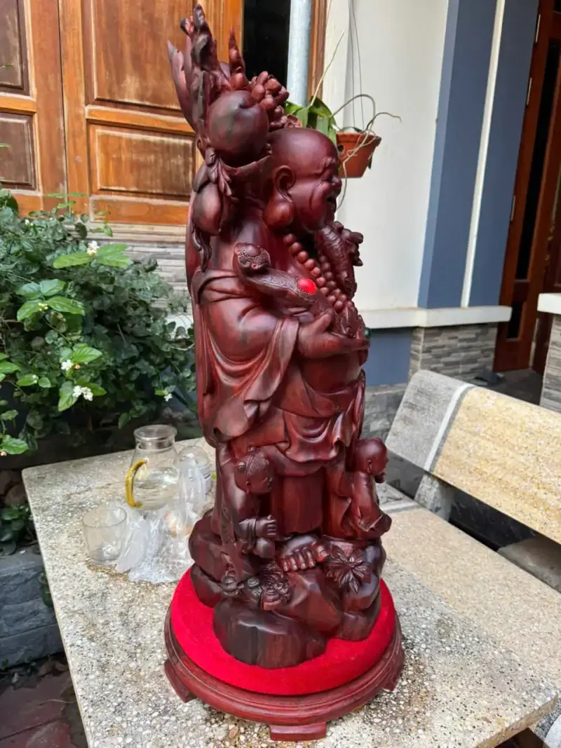 Tượng Di Lặc Nhị Phúc Quẩy Đào Gỗ Vương Mộc Tử Đàn Liền Khối Hàng Kỹ Đẹp G5306