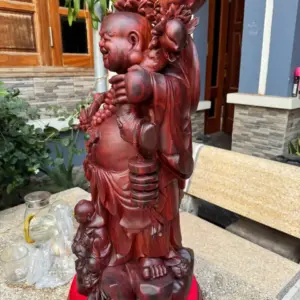 Tượng Di Lặc Nhị Phúc Quẩy Đào Gỗ Vương Mộc Tử Đàn Liền Khối Hàng Kỹ Đẹp G5306