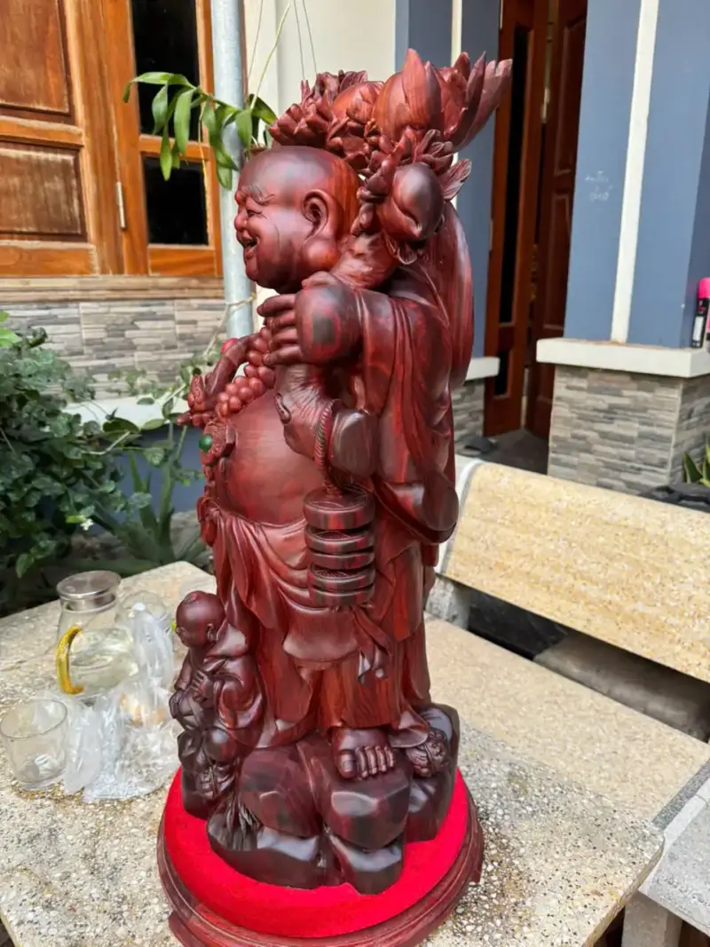 Tượng Di Lặc Nhị Phúc Quẩy Đào Gỗ Vương Mộc Tử Đàn Liền Khối Hàng Kỹ Đẹp G5306